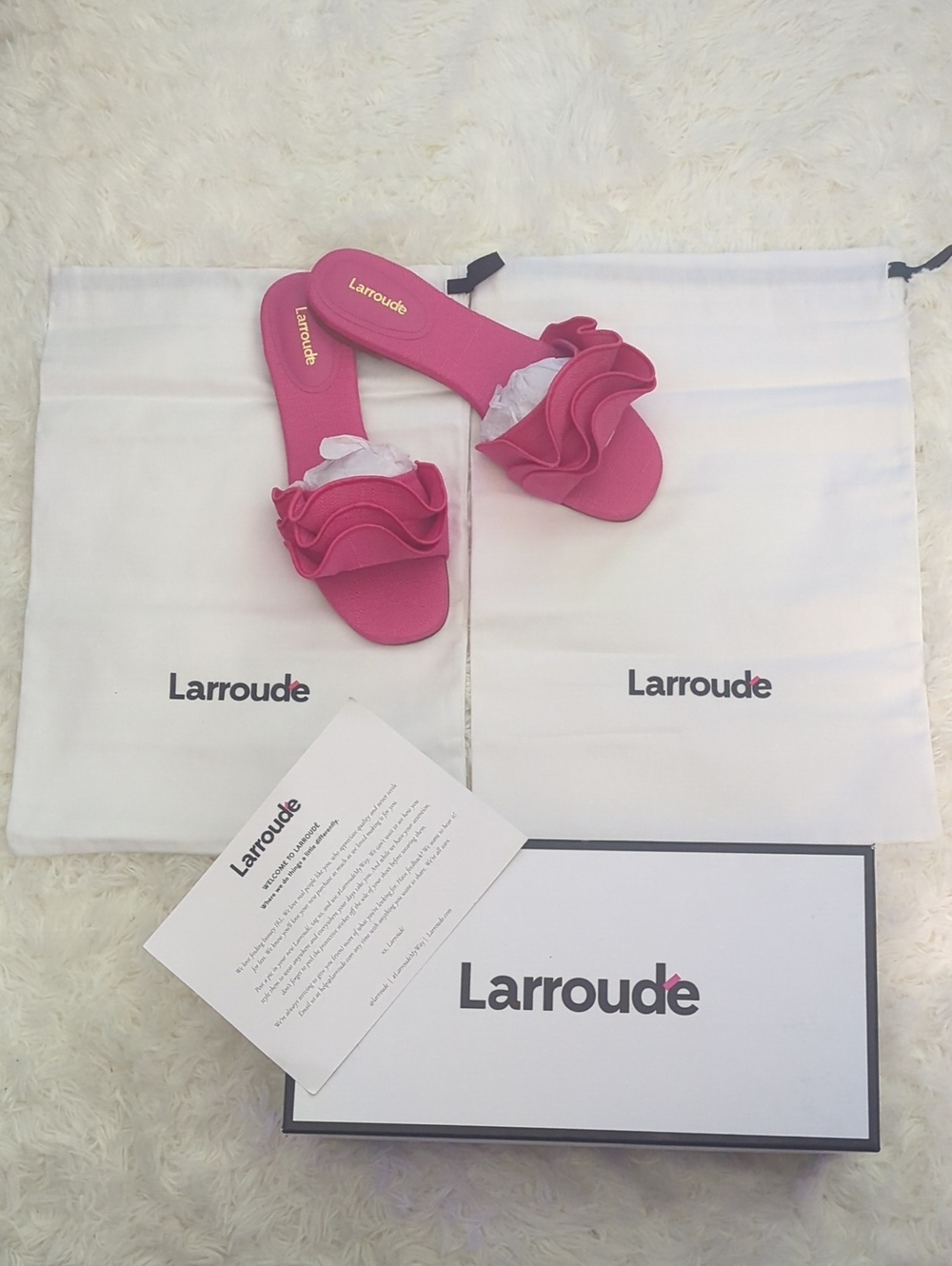 Larroude Raffia Pink Ruffle Slide Mules W/Double Dust Bags For The Sandals